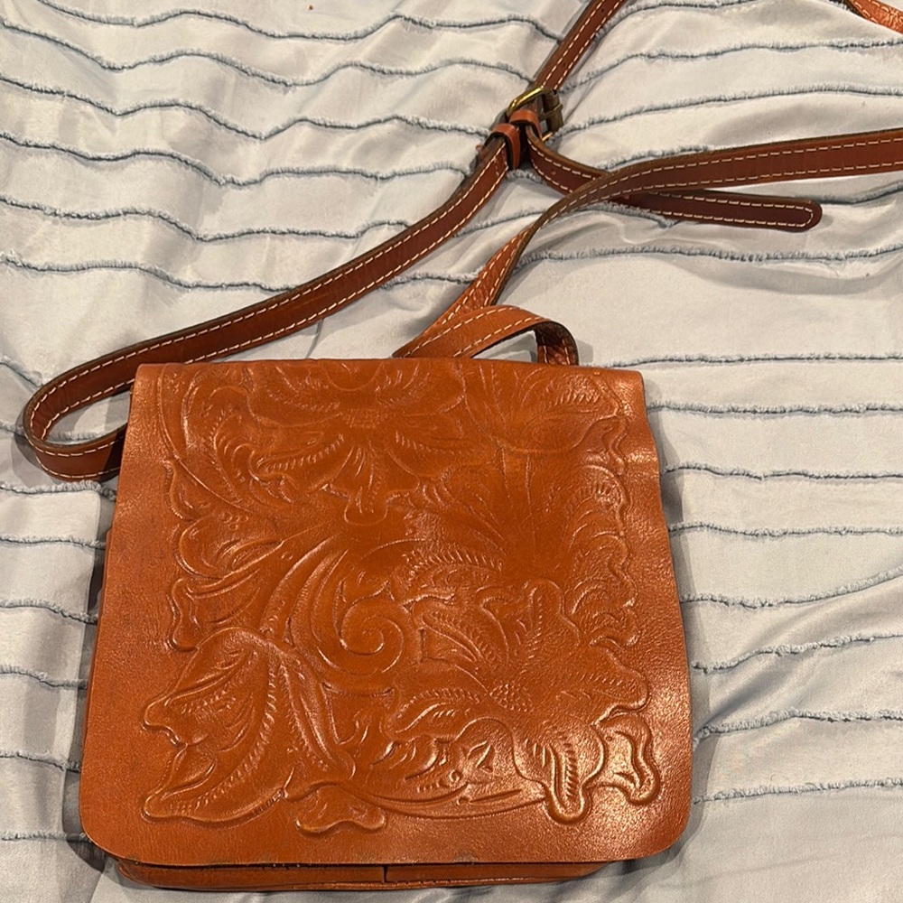 Embossed Tan Leather Crossbody Bag